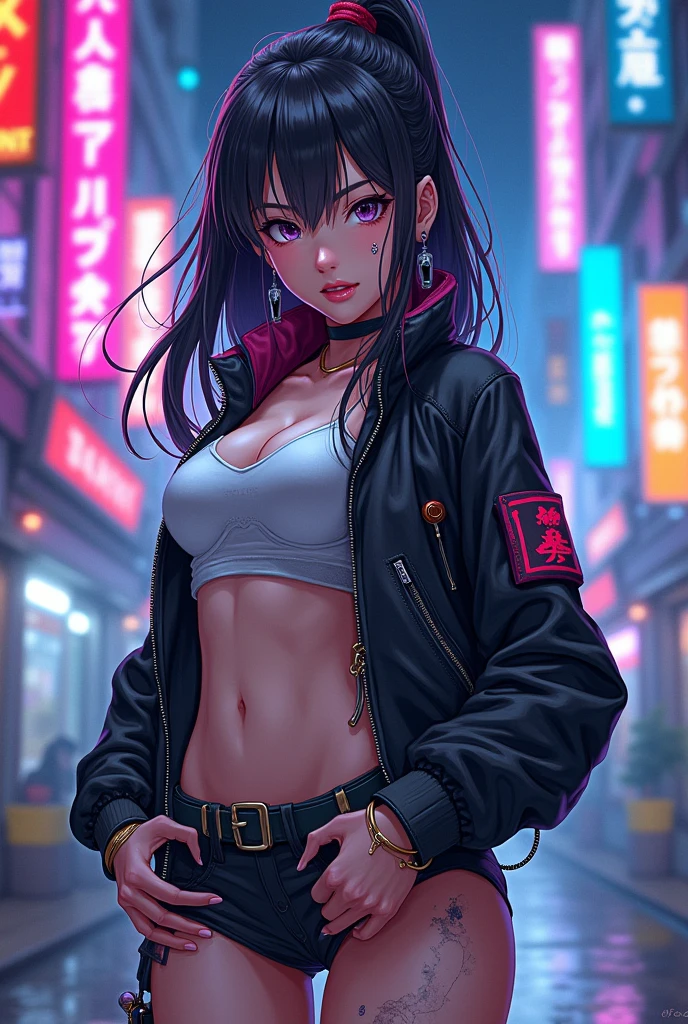 High-quality anime illustration of a powerful and cool-toned girl, dynamic pose, futuristic cybernetic enhancements, intense and confident expression, sleek and modern outfit with metallic details, vibrant and energetic color palette, sci-fi anime style, detailed hair and eyes, urban cyberpunk setting, neon lights casting a cool glow, best quality, ultra-detailed, anime, sci-fi, cybernetic enhancements, futuristic, dynamic pose, cool tones, confident expression, vibrant colors, sleek design, professional, energetic lighting