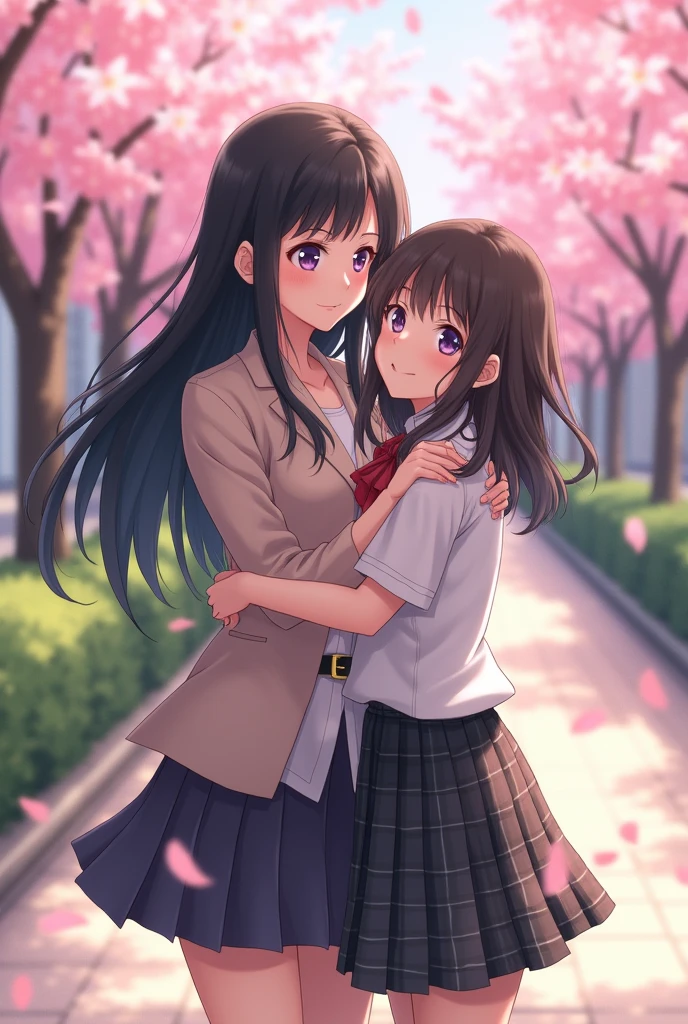 Japanese female college student hugging a blushing Japanese female high school girl from behind