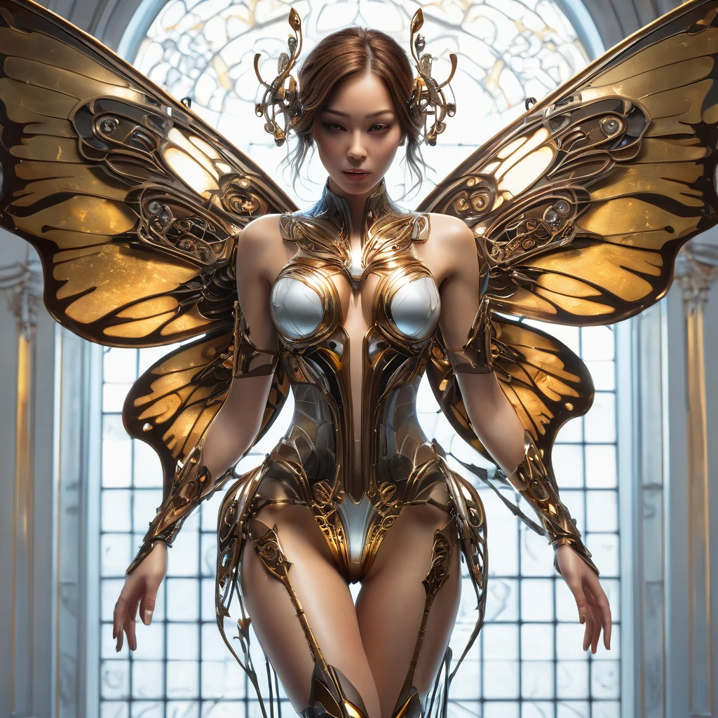 Nude full body shot from Front showing wings attached to a beautiful nude body, perfect breasts, round hips, thin waist, of the cyborg with brown hair, intricate, elegant, highly detailed, majestic, digital photography, wings attached to the back, art by artgerm and ruan jia and greg rutkowski surreal painting gold butterfly filigree, broken masterpiece, side lighting, finely detailed beautiful nightmare:1.2), hdr, god rays, ray tracing, Realism, best quality, 16k, highres, textured skin, super detail, shot from behind.