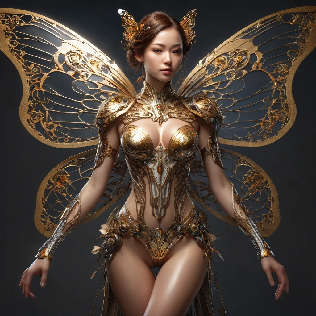 Nude full body shot from Front showing wings attached to a beautiful nude body, perfect breasts, round hips, thin waist,  of the cyborg with brown hair, intricate, elegant, highly detailed, majestic, digital photography, wings attached to the back, art by artgerm and ruan jia and greg rutkowski surreal painting gold butterfly filigree, broken masterpiece, side lighting, finely detailed beautiful nightmare:1.2), hdr, god rays, ray tracing, Realism, best quality, 16k, highres, textured skin, super detail, shot from behind.