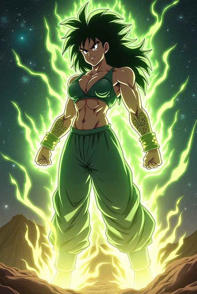 Make Broly from Dragon Ball Z but have her be a woman and in a position of accumulating energy while her fists are closed and her arms are bent forward with her torso slightly back and her profile to the side.