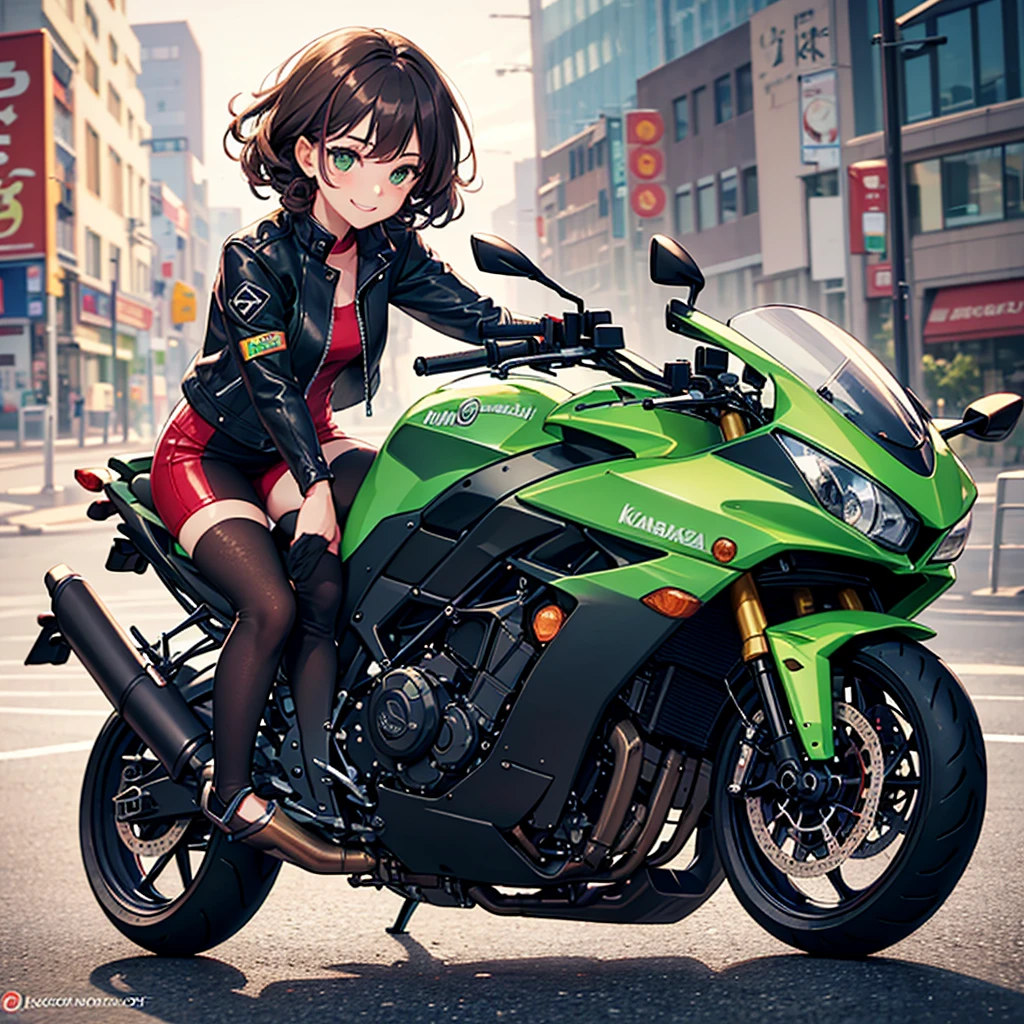 (best quality), (masterpiece), (detailed), 1girl, Gender is girl. Brown curly hair. Emrald green eyes. Freckled face. On the kawasaki motorcycle. She's wearing biker jacket. Smile happily.
