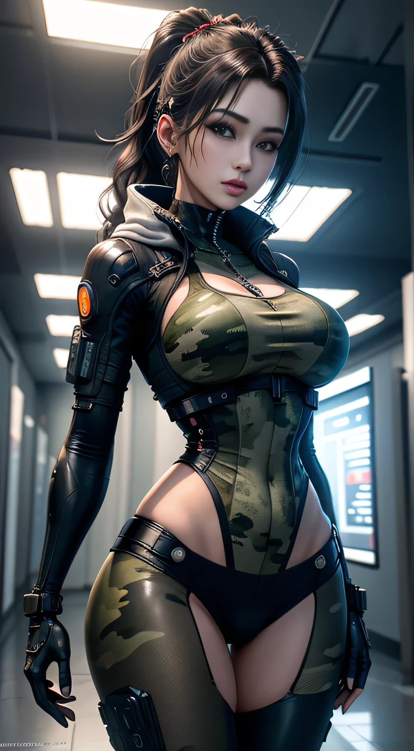 sfw, ((Best Quality)), ((Masterpiece)), (High Detail:1.3), 3D, machine gun in hand,beautiful (cyberpunk:1.2) special forces, robort, woman with thick voluminous hair in (in camouflage_uniform:1.1), bulletproof vest, raincoat, digital (camouflage: 1.3), HDR (High Dynamic Range), ray tracing, NVIDIA RTX, ultra-high resolution, Unreal 5, subsurface scattering, PBR texturing, post-processing, anisotropic filtering, depth of field, maximum clarity and sharpness, multi-layered textures, albedo and reflection maps, surface shading, accurate simulation of the interaction of light and material, ideal proportions, octane rendering, two-color lighting, wide aperture, low ISO, white balance, rule of thirds, 8K RAW, Effective subpixel, subpixel convolution,, wearing bra,((skinny waist)), young asian girl, ((big breasted)),