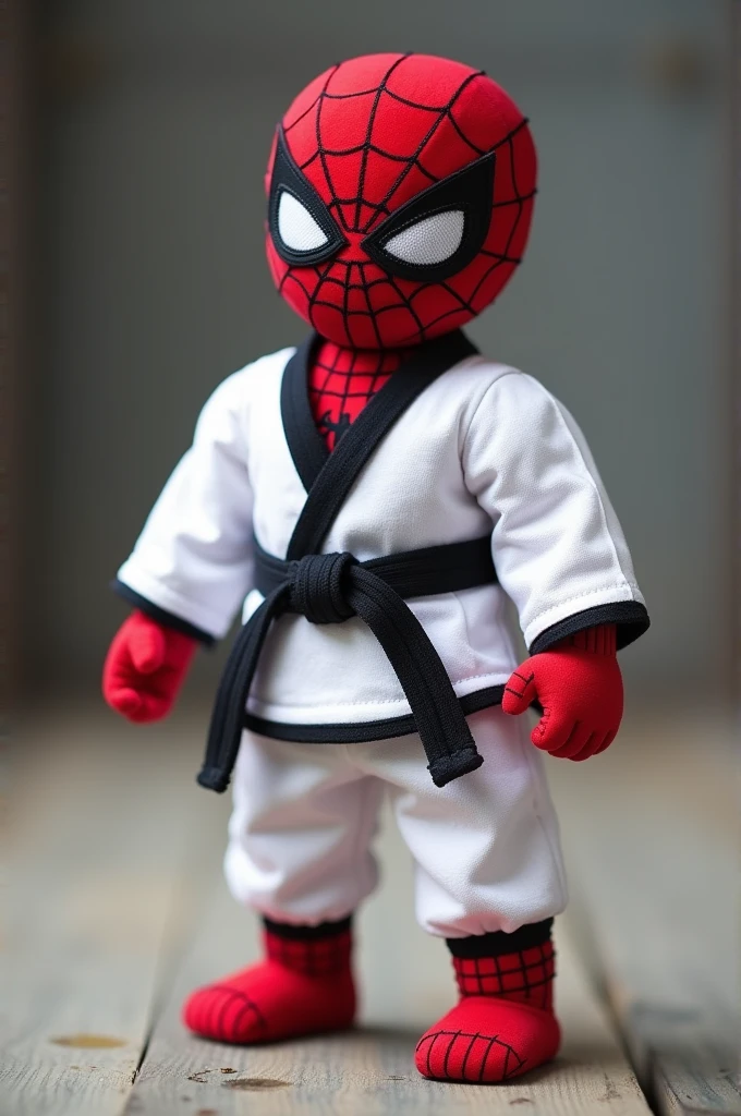 haz a un mini spiderman con dobok blanco de taekwondo