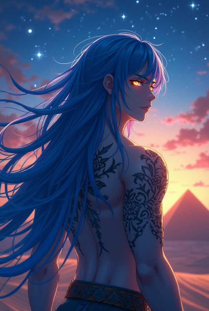 Anime character with long blue hair and eyes of the god Anubis male.