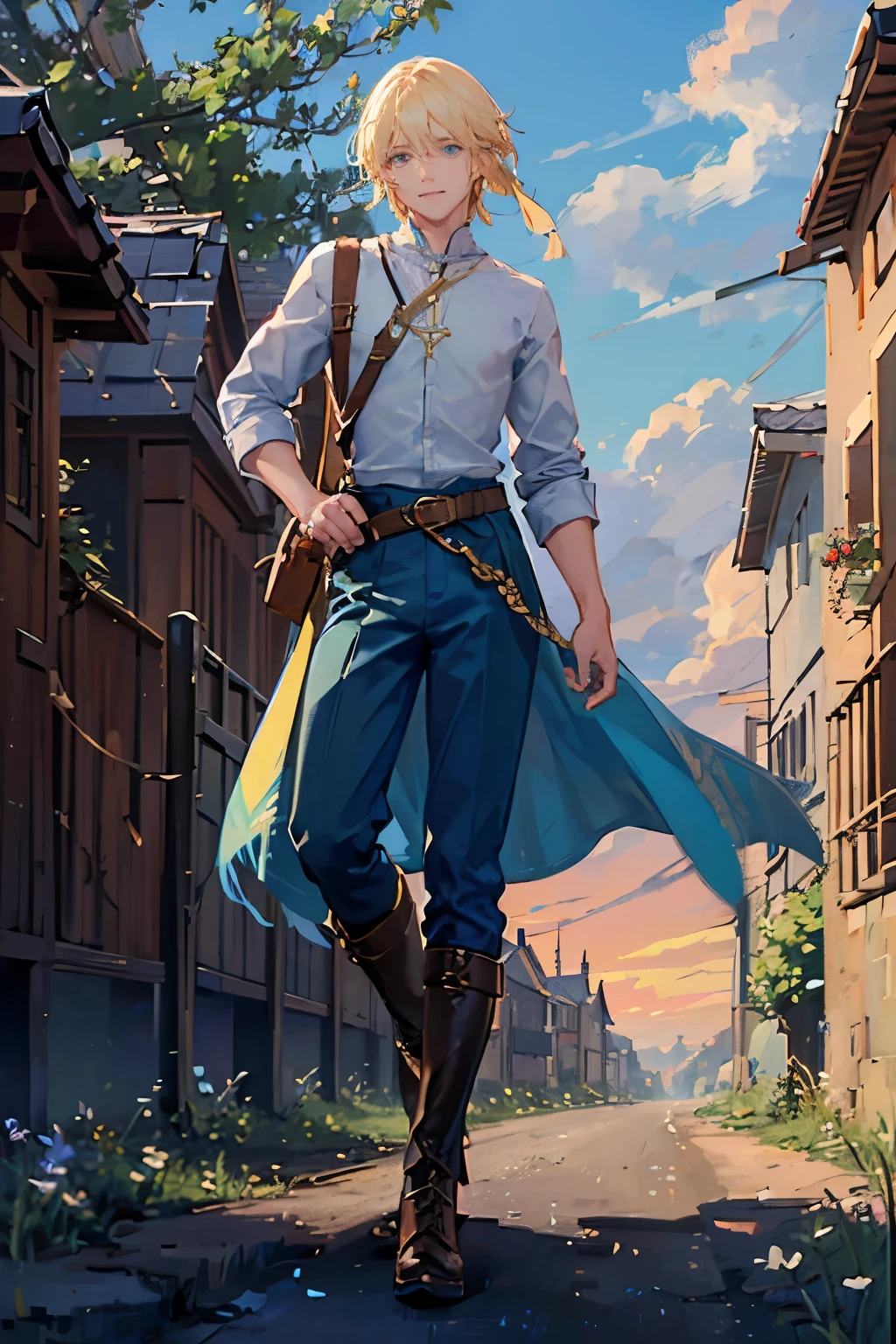 Male bard, blond, medium length tousled hair, Blue eyes, Dressed in a shirt with a large neckline, Green baggy pants, Brown boots, Cheerful face, A sheath hangs on the belt, Behind the back there is a lute, in the background there is a flower field and sunset