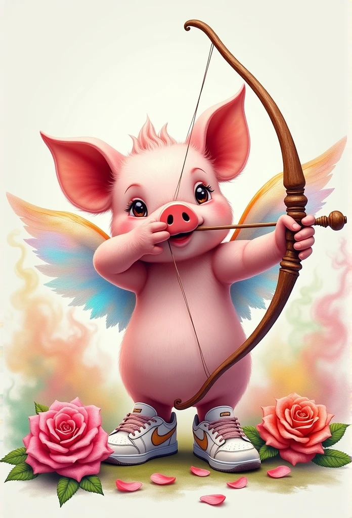 pig, cute, rose, wings, Archery, nike tenis, watercolor, colorfull, smoke, high definition,