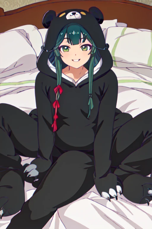 beautiful, (masterpiece), best quality, (extremely detailed face), extremely detailed eyes,  perfect lighting, OverallDetail, detailed, deep skin,textured skin,
,bear costume ,black bear costume, long sleeves, hood up,,mallow , long hair, green eyes, big smile,on bed ,sitting between pillows,
,