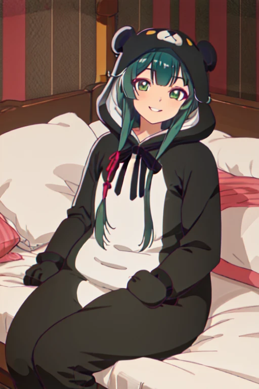 beautiful, (masterpiece), best quality, (extremely detailed face), extremely detailed eyes,  perfect lighting, OverallDetail, detailed, deep skin,textured skin,
,bear costume ,black bear costume, long sleeves, hood up,,mallow , long hair, green eyes, big smile,on bed ,sitting between pillows,
,