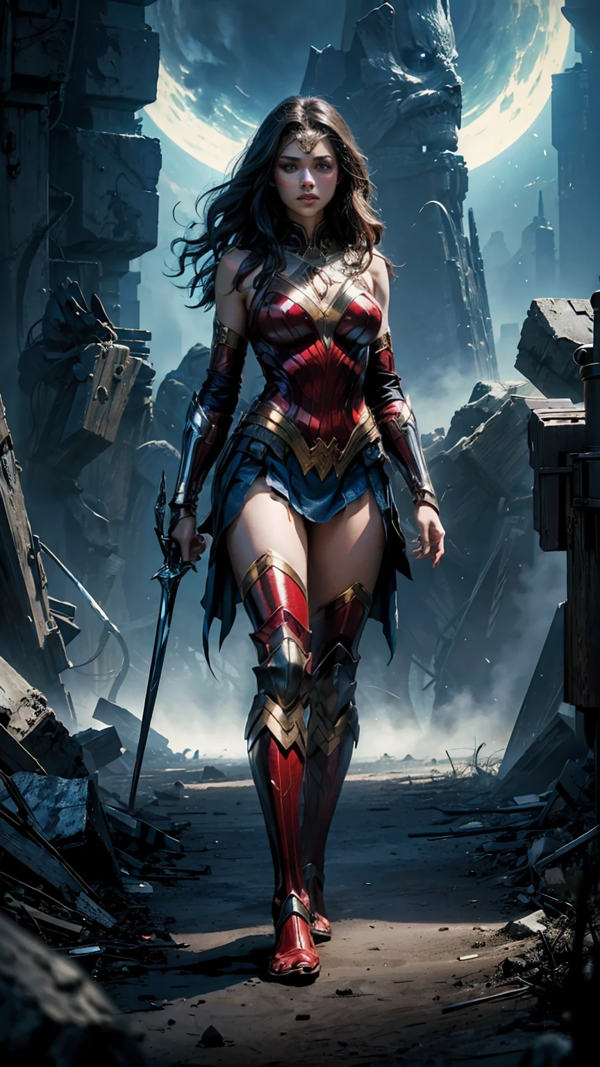 ((Full body photo, standing, feet on the floor)) a scene from a movie Expansive landscapes dark fantasy image full - length dark force dominated evil superheroine alias Wonder Woman alliance action scene, dramatic, cinematic style, Ethereal landscapes, Vibrant colors, Intricate details