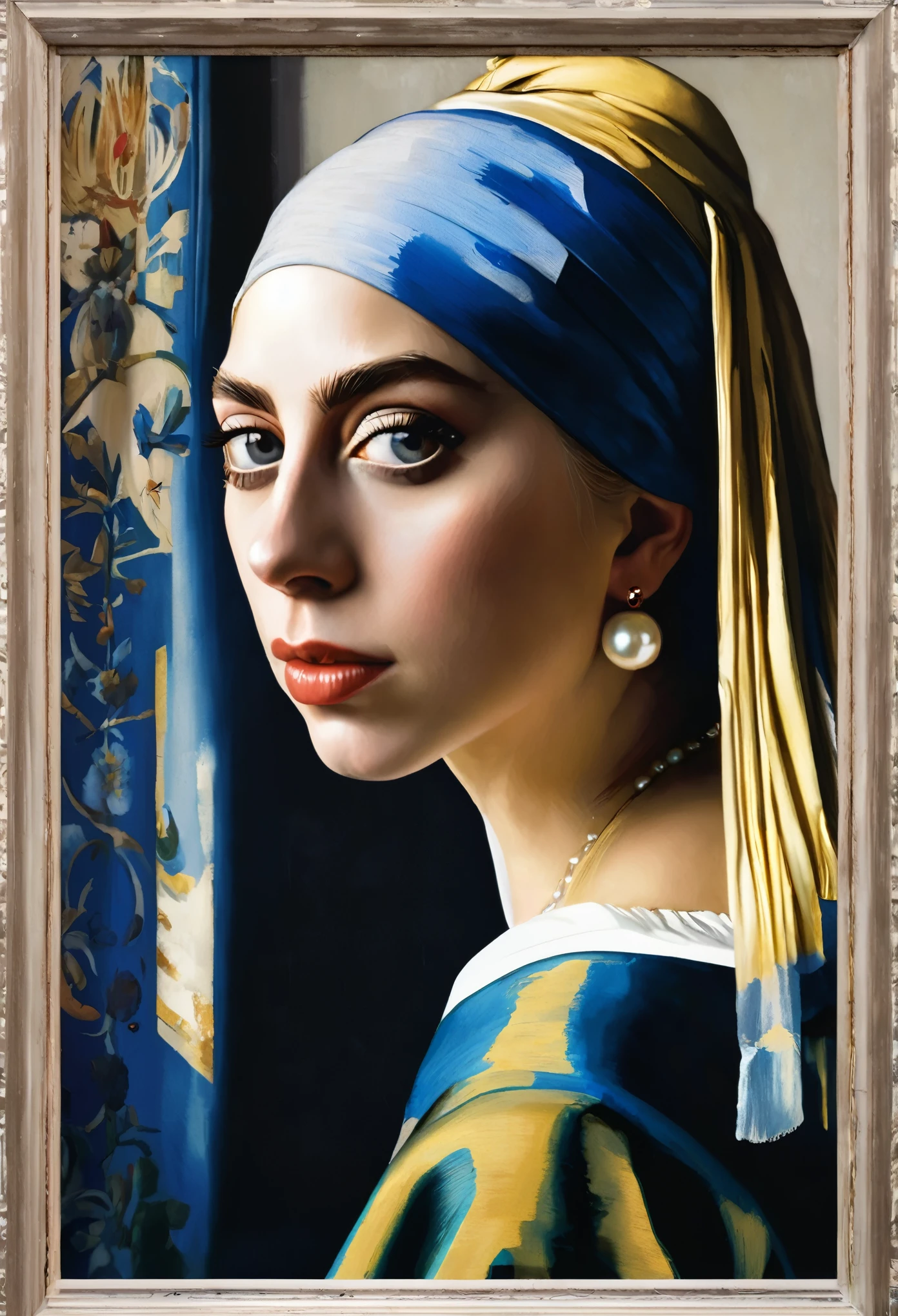 Lady Gaga as THE GIRL WITH A PEARL EARRING by Johannes Vermeer, Lady Gaga’s face, sunglasses