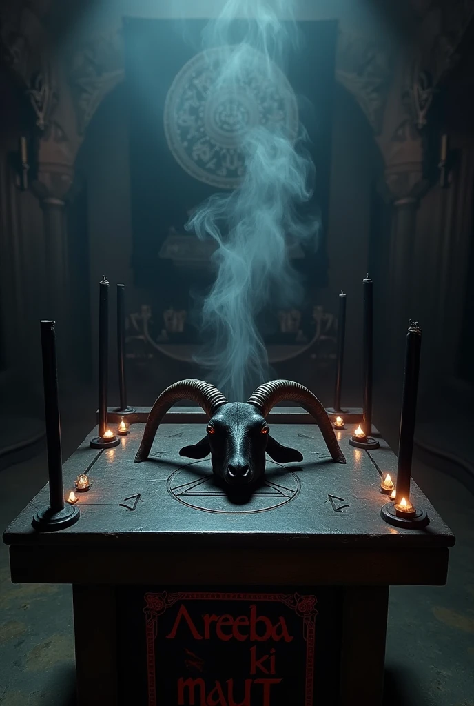 Altar with inverted pentagrams, The head of a black goat on the altar, black candles, Incense smoke rising from a bowl on the altar, which has the word written in blood "Areeba ki maut "