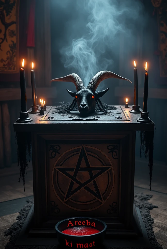 Altar with inverted pentagrams, The head of a black goat on the altar, black candles, Incense smoke rising from a bowl on the altar, which has the word written in blood "Areeba ki maut "
