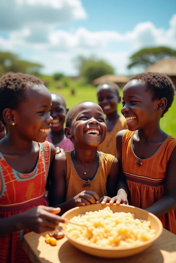 AFRICAN CHILDREN SHARING THE LITTLE FOOD HAPPILY