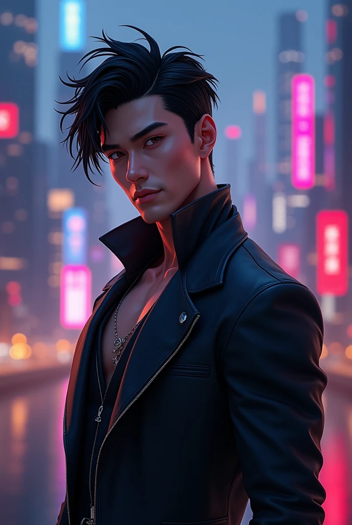 I would like to generate a black-haired male avatar, high, Brown eyes
