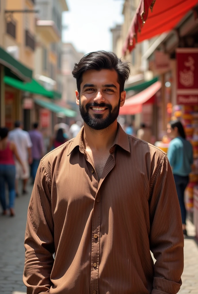 30 years old man looking like a stereotypical Arab having fine facial hair standing straight wearing a brown striped shirt she have black hair