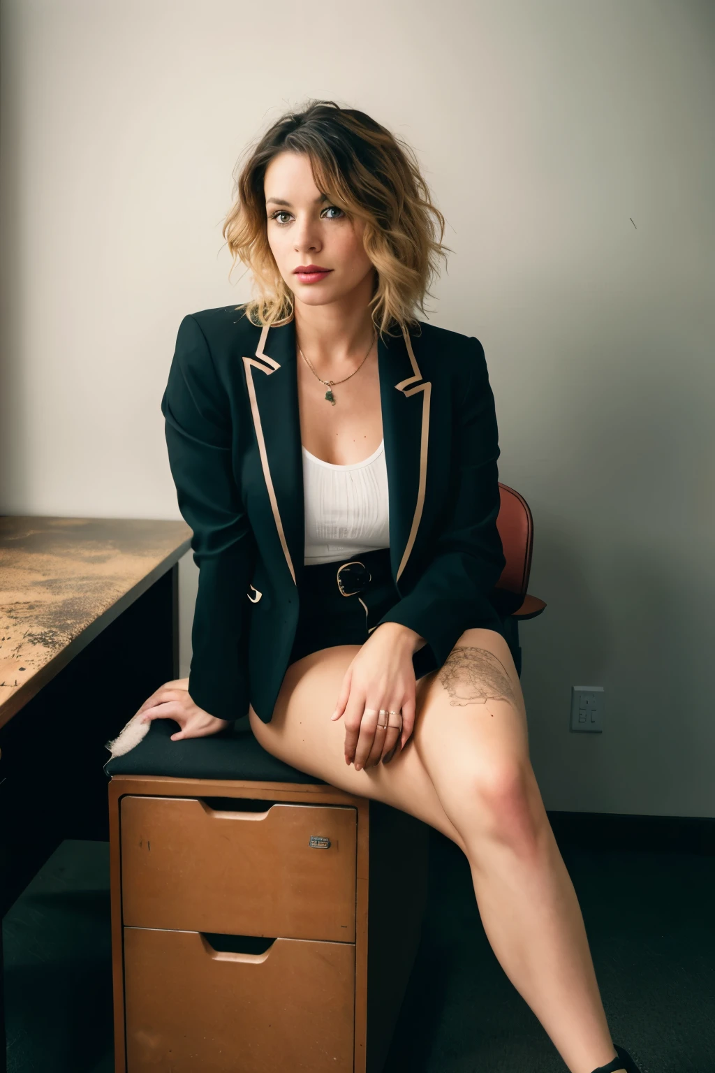 40-year-old woman, full body shot, blonde, wearing a black suit, shoes, seductive, freckles, messy hair, sitting in a desk, detailed, analog style, female focus, very high quality (highly detailed skin), perfect face, skin pores (bokeh: 0.6), sharp focus, blotchy lighting (backlight: 0.7), film grain, shot on a Sony A7R IV, 18mm F/1.7 cinema lens (highly detailed, intricately detailed), 8k, HDR, front view (full body visible: 1.2). Textured, distressed, vintage, edgy, punk rock vibe, noisy, Ultra-HD 8k details