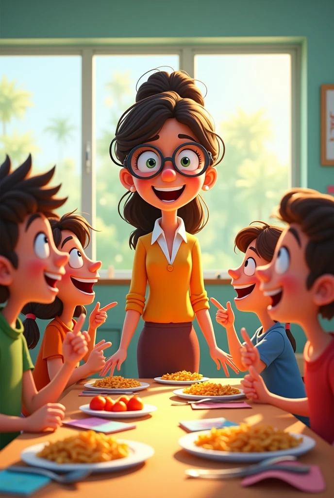 teacher(a) in the classroom with students, followed by a meal. style cartoon
