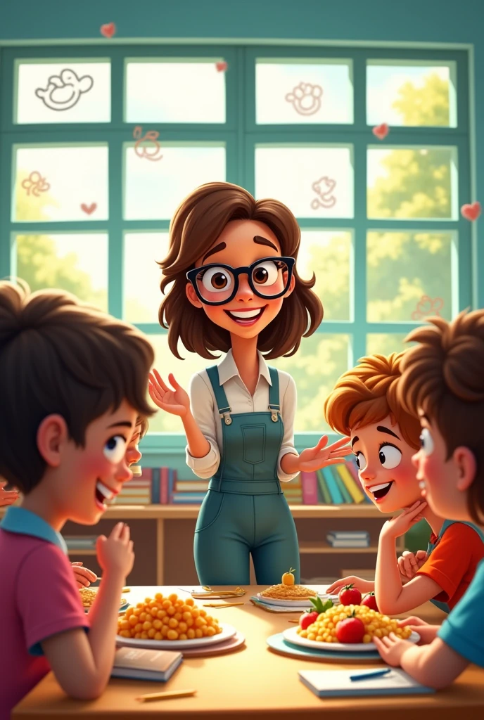teacher(a) in the classroom with students, followed by a meal. style cartoon