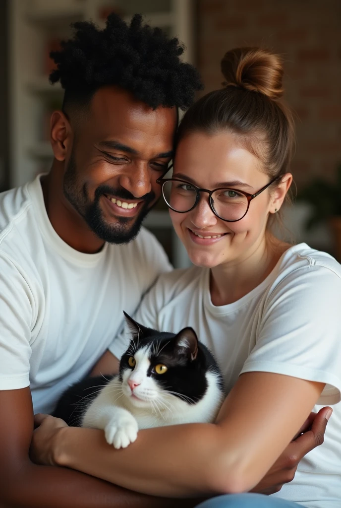 A drawing of a brown-skinned man, with a mustache and goatee, short, curly, black hair, Wearing white short sleeve t-shirt, hugging a white man, who wears glasses, with thin lips and a shy smile wearing a white short-sleeved t-shirt, With straight, brown hair with a topknot, holding a cat with black and white fur.