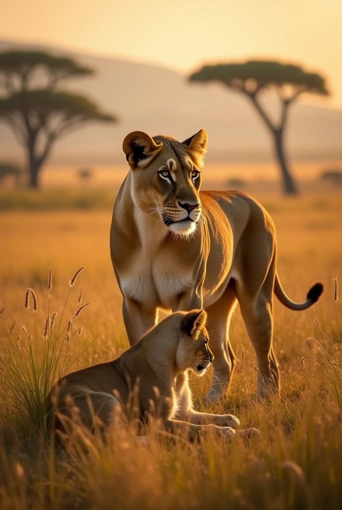 Generate an ultra realistic 8k full hd image of a beautiful and strong female lioness without a mane protecting a beautiful and delicate cub 