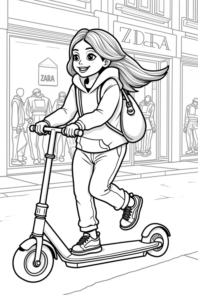 Create an illustration for a children&#39;s coloring book. Girl on a scooter. shoulder length white hair. Dressed in short denim shorts, short denim vest, scarf around the neck, sandals on the feet. Leave the clothes and background without color., so that children can color them to their liking. The background may contain elements of a city street with a Zara store. Make the image friendly, with many details