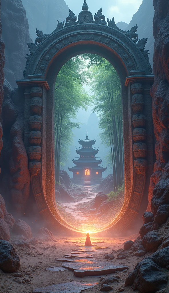 realistic photography, fntasy, a huge magical portal through which you can see another world with a dense bamboo forest and a magical temple inside, glowing magical light inside the a temple, a portal shimmering with various colours and magical lighntings and magicla sparkles and magical vortex, a desert and rocky landscape around the portal, (best quality,8K,highres,masterpiece:1.2), ultra-detailed, realistic, photorealistic:1.37, made by DSLR,
