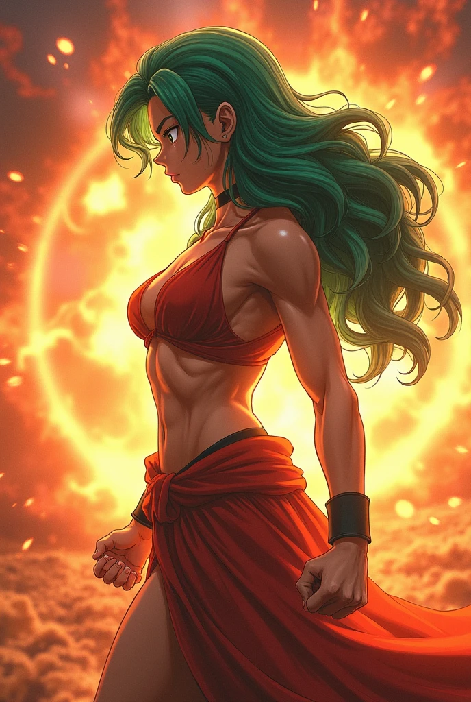 Make Broly from Dragon Ball Z but have her be a woman and in a position of accumulating energy while her fists are closed and her arms are bent forward with her torso slightly back and her profile on the left side as much as possible.