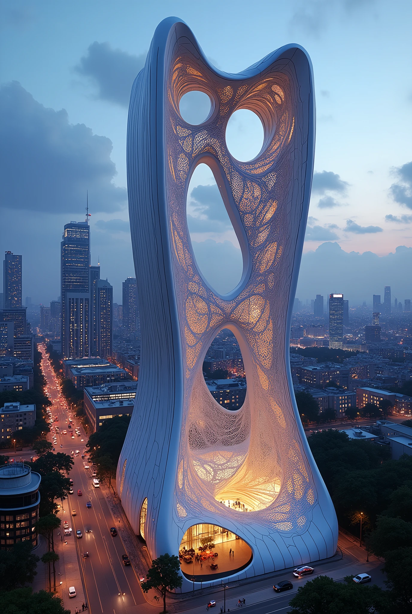 "Design a futuristic building in the shape of a huntsman spider’s web, located in the heart of a first-world country's city center. The structure should embody the fluid and organic architectural style typical of Zaha Hadid, with sweeping curves, asymmetry, and bold, sculptural elements. The web-like form should integrate seamlessly with the urban landscape, creating a dramatic visual impact. The image should capture a cinematic and dramatic perspective, with sharp contrasts in lighting that highlight the intricate details of the building's design, as if it’s illuminated by the glow of city lights at dusk. The building should look both grand and eerie, with the complexity and elegance of the web pattern clearly visible.