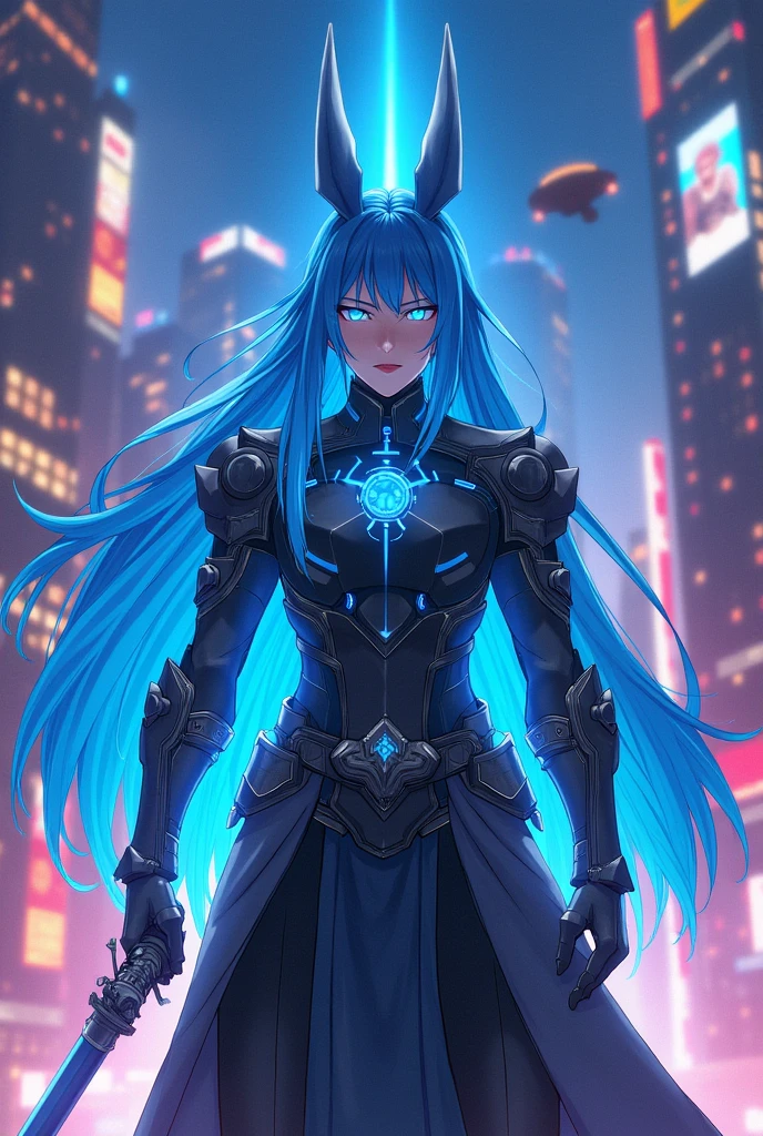 Anime character with long blue hair and eyes of the god Anubis male, futuristic features.