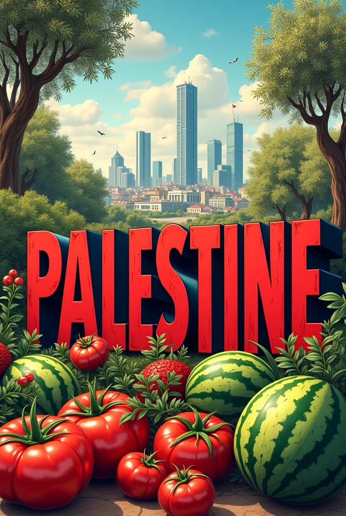 An image of the word PALESTINE in red colors, white, black and green representing olive trees, tomato, watermelons and joy.
As well as large Arab cities