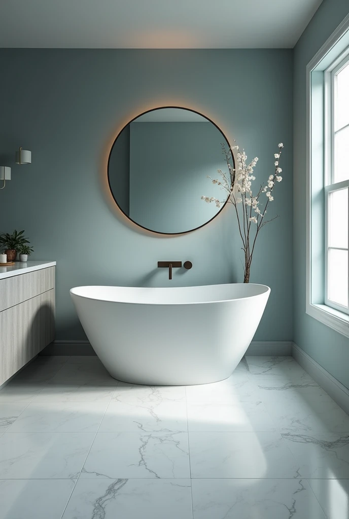 An elegantly designed home bathroom , with a minimalist style. The focus is on cleanliness and simplicity of the space. This description is for a photograph that captures the sleek, modern aesthetic of the bathroom.. The image shows the flawless surfaces, elegant lines, and thoughtful design elements that elevate the mundane space into a sophisticated oasis. Lighting highlights every detail, creating a sense of elegance and refinement that sets it apart from typical home bathrooms. the color of a wall in a grayish blue tone, portrays all sophistication and calm.