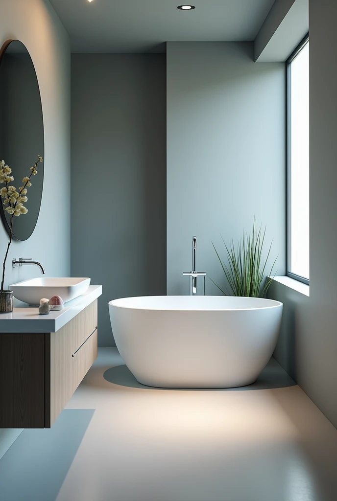 An elegantly designed home bathroom , with a minimalist style. The focus is on cleanliness and simplicity of the space. This description is for a photograph that captures the sleek, modern aesthetic of the bathroom.. The image shows the flawless surfaces, elegant lines, and thoughtful design elements that elevate the mundane space into a sophisticated oasis. Lighting highlights every detail, creating a sense of elegance and refinement that sets it apart from typical home bathrooms. the color of a wall in a grayish blue tone, portrays all sophistication and calm.
