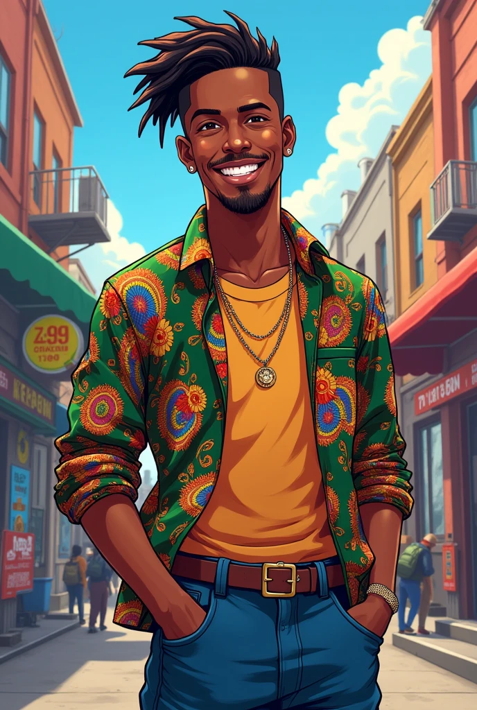 Generate me a black person who is approximately 40 years old who is not so unkempt and who is lively is black Anime drawing ,