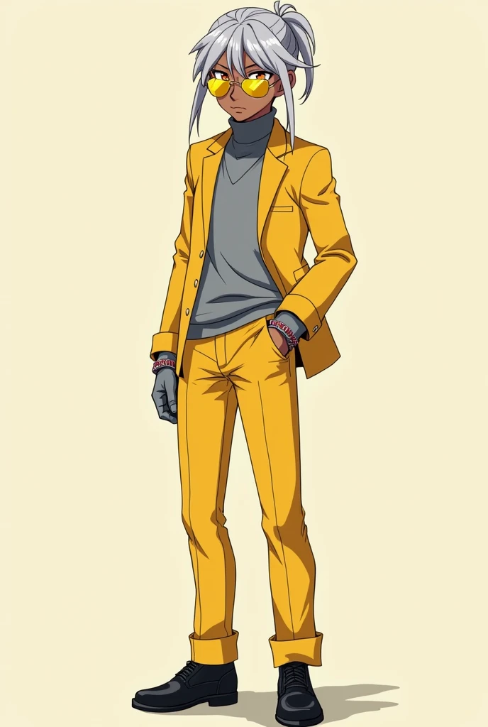 is a 17-year-old with a striking appearance and a meticulously crafted style. He stands at an average height with bronzed skin that complements his unique hair—silver with golden highlights—always tied in a short ponytail just above the nape of his neck. Two long strands fall on either side of his face, framing his intense, golden eyes. Rat’s look is completed with yellow aviator sunglasses, which he always wears. His school uniform is as sharp as his personality: a yellow long-sleeved dress shirt under a gray sleeveless sweater, topped with a yellow blazer. He pairs this with matching yellow dress pants and elegant black shoes, accessorizing with gray leather gloves adorned with red and silver details. Stlyle anime

