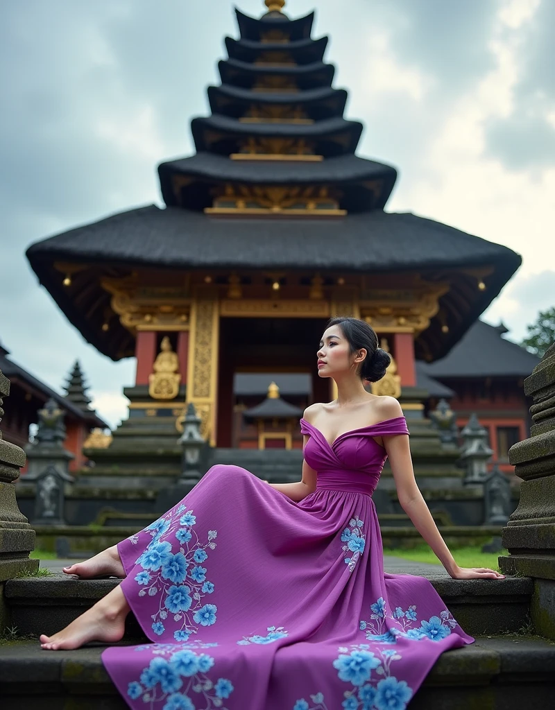 Vibrant and detailed photograph featuring a traditional Balinese temple with intricate carvings and statues. The temple has a large, dark thatched roof and ornate wooden details with a golden hue. In the foreground, a woman with fair skin and dark hair, styled in a bun, is sitting on the stone steps of the temple. She is wearing a magenta off-shoulder top and a long, flowing skirt with blue and floral patterns. The sky above is partly cloudy, adding a serene backdrop to the cultural and architectural richness of the scene.