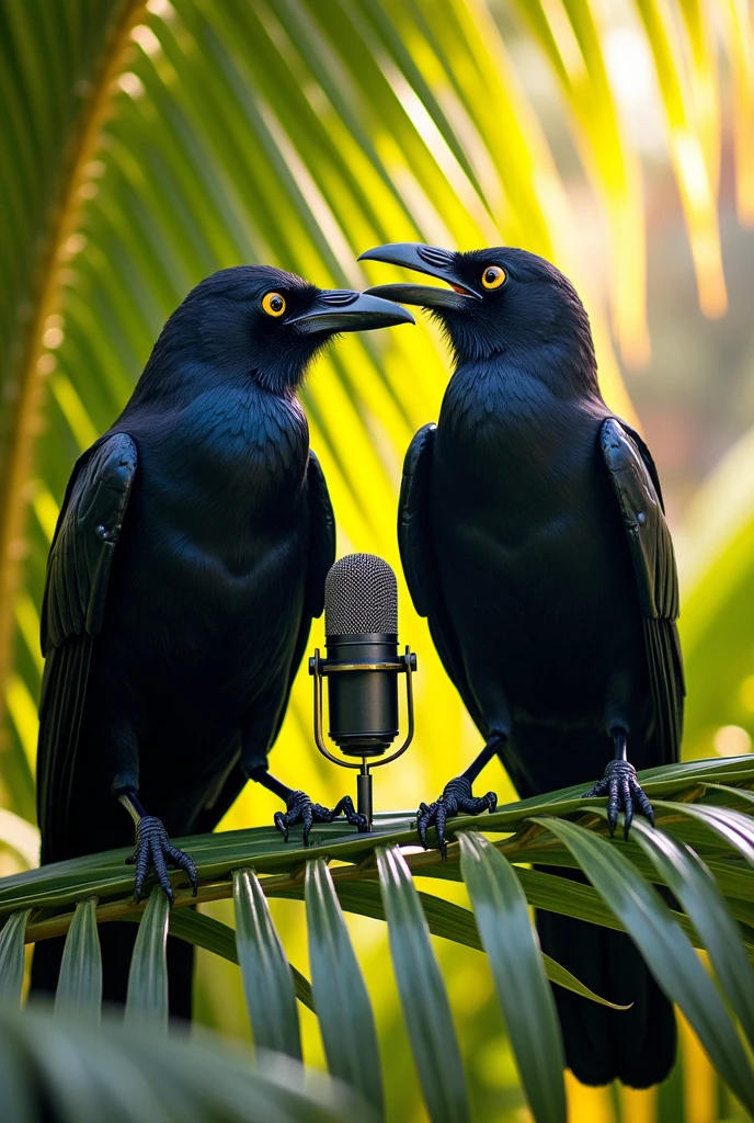 Two raven with yellow eye haging up in a palm talking with podcast microphone. One of the raven is smoking. The palm get born
