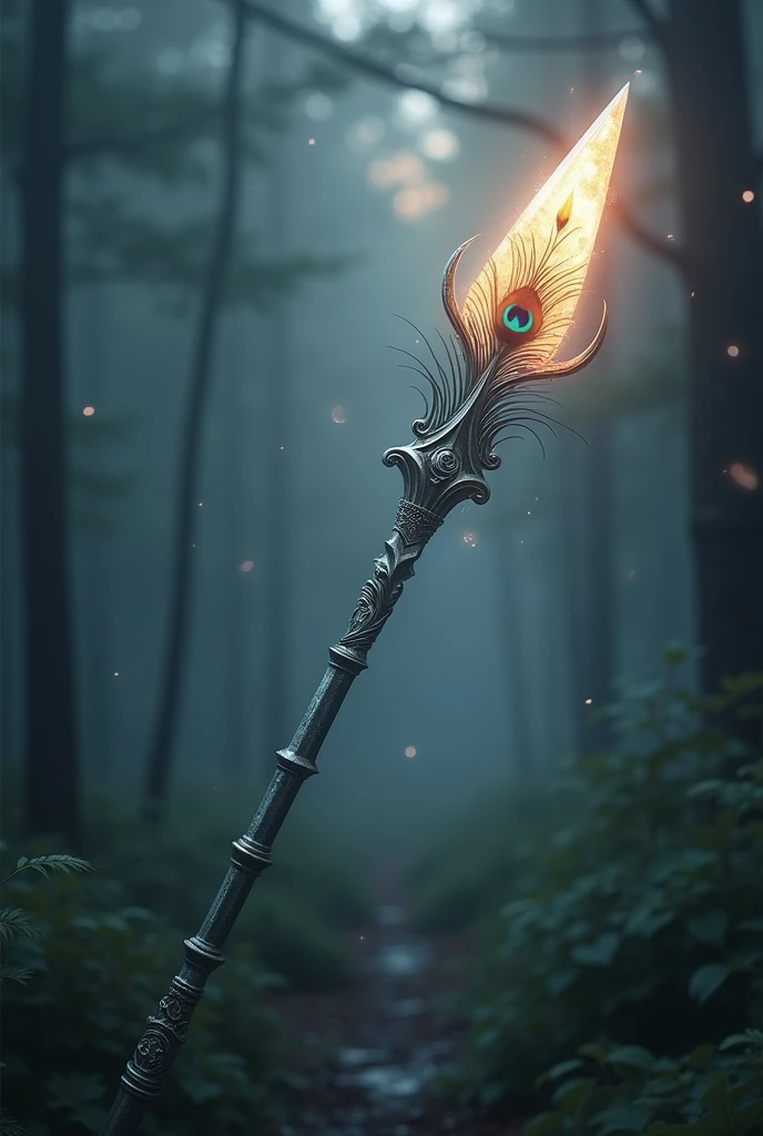 An elegant spear with a silver shaft that shines with a white glow. The tip of the spear is adorned with a clear teardrop-shaped crystal., that radiates a soft, warm light. The handle is decorated with intricate patterns representing protection and authority., and the design includes a series of peacock feathers that symbolize the majesty of Juno..