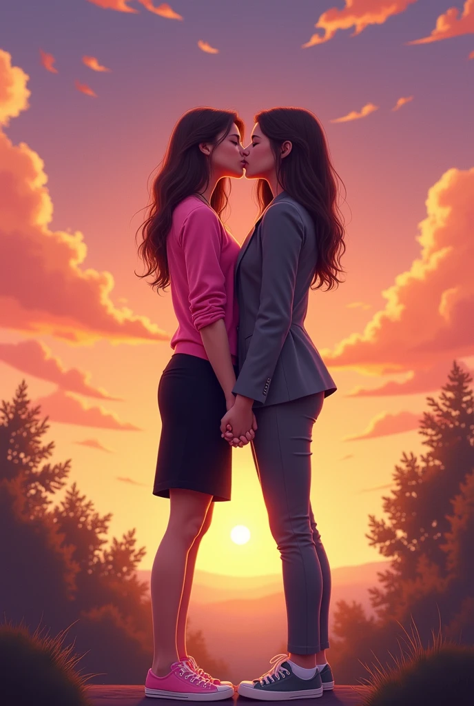 two girls, yuri,(The first girl wears a pink outfit, black pencil skirt, black briefs,  white socks, Pink sneakers), (The second girl was wearing a grey suit., black pencil skirt, black briefs, white socks, gray sneakers), back to back, Holding hands, Watch the sunset, hugging, Fantastic sky, novelty cartoon, 4k, High Definition, Nude, kissing