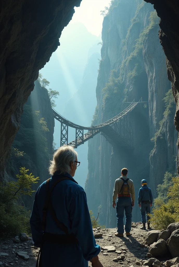 In a cave An old scientist with his back turned watching two scientists a woman and a man on the other side of a mountain and a destroyed wooden bridge on a cliff