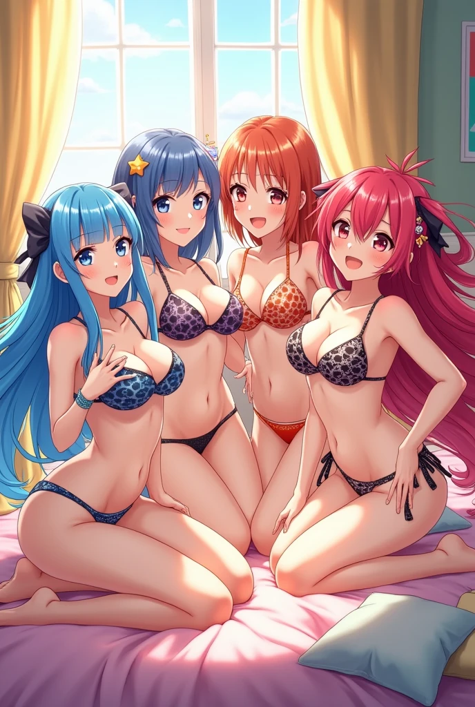 four anime women in bikini posing in the bed with big tits and huge ass, excited face