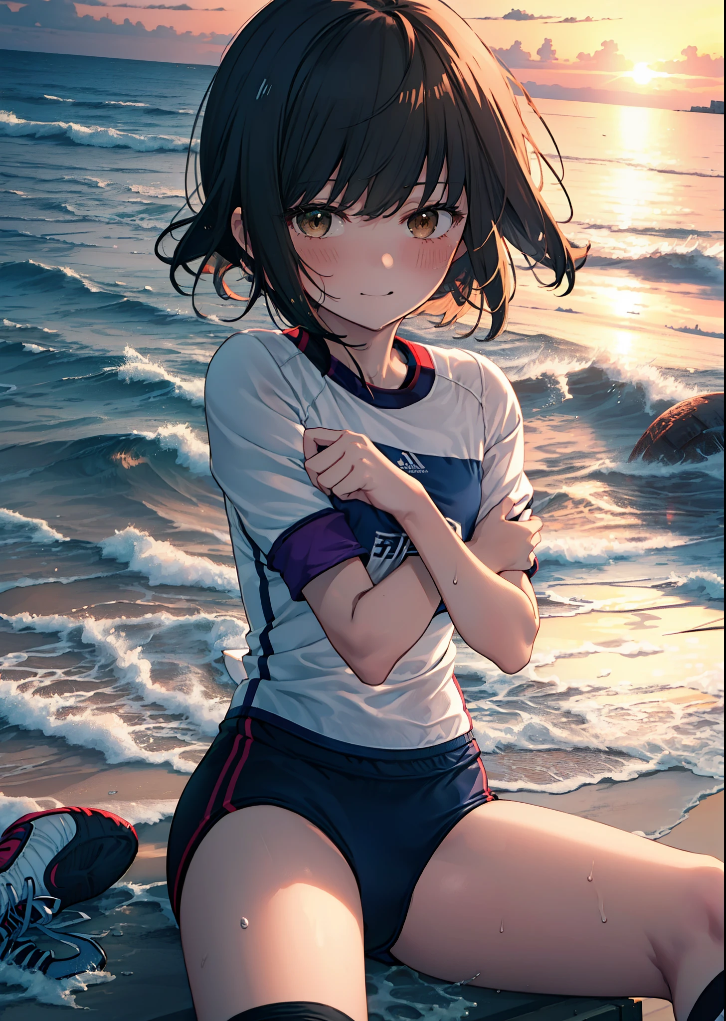 Fubuki, Sunset sky,Seaside,Orange Clouds,Check it out, (short hair:1.5), bangs, black hair, (brown eyes:1.2),(Gym clothes with short sleeves:1.5), Gymnastics, (Girl wearing gym clothes), (Girl in gym clothes), Sportswear, Blue_Shorts, White knee-high socks,sit down,sitting,White_sneakers, White_sports boots,Daytime,Clear skies,Palm tree,Walking,smile,Close your mouth,blush,whole bodyがイラストに入るように,
BREAK outdoors, tropical,Tropical,Coastal Road,
BREAK looking at viewer, whole body,
BREAK (masterpiece:1.2), Highest quality, High resolution, unity 8k wallpaper, (figure:0.8), (Beautiful attention to detail:1.6), Highly detailed face, Perfect lighting, Highly detailed CG, (Perfect hands, Perfect Anatomy),