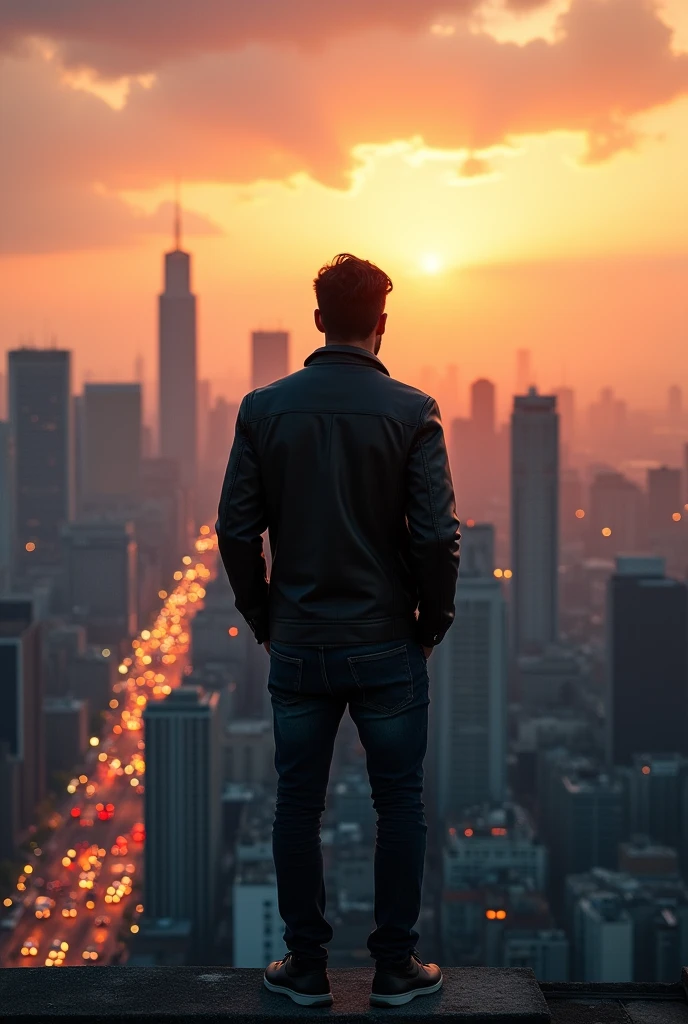 photo of man with city view from behind