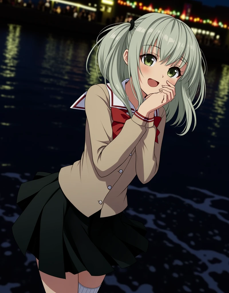 ((masterpiece)), ((Best Quality)), ((High resolution)), ((Extremely detailed CG unity 8k wallpaper)), Alone, canada tachibana, tan school uniform, black skirt, white socks, outdoor, face, hair with curtains, playa, by the party, silver hair