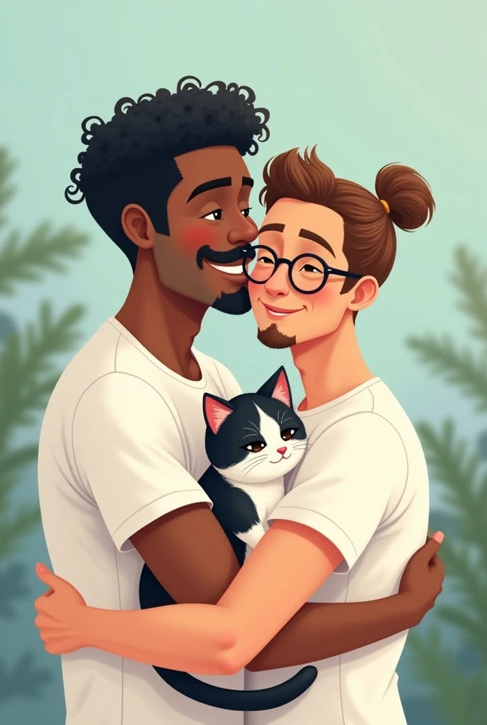 A Illustration of a brown-skinned man, with a mustache and goatee, short, curly, black hair, Wearing white short sleeve t-shirt, hugging a white man, who wears glasses, with thin lips and a shy smile wearing a white short-sleeved t-shirt, With straight, brown hair with a topknot, holding a cat with black and white fur.