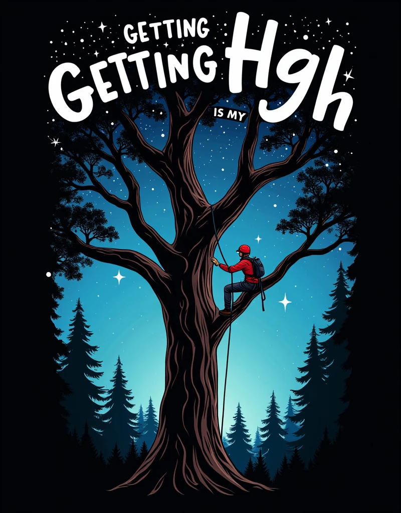 2D flat illustration t-shirt logo featuring a skilled tree climber ascending a towering tree with ropes and harnesses. The design captures the climber’s concentration and determination as they scale the tree, with the branches stretching towards a vivid, starry sky. The silhouette of the climber is strikingly detailed, highlighting the adventurous spirit of the scene. The background is a stark black, providing a high-contrast setting for the bold white text that reads 'GETTING HIGH IS MY JOB'. The text is prominently displayed above the climber, using a clean, modern font that contrasts sharply with the dark background. The overall design exudes a sense of freedom and adventure, with dynamic lines and details that emphasize the climber’s skill and the expansive tree canopy. The high-contrast color palette ensures the design stands out effectively on various t-shirt colors, especially darker shades.