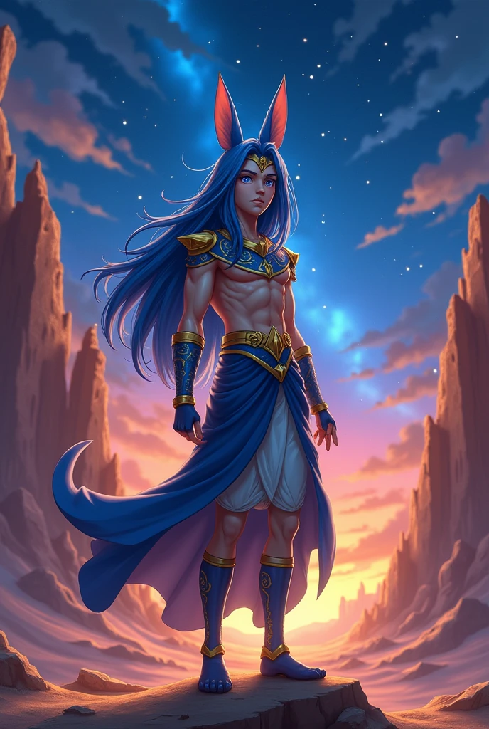 Anime character with long blue hair and eyes of the god Anubis male.