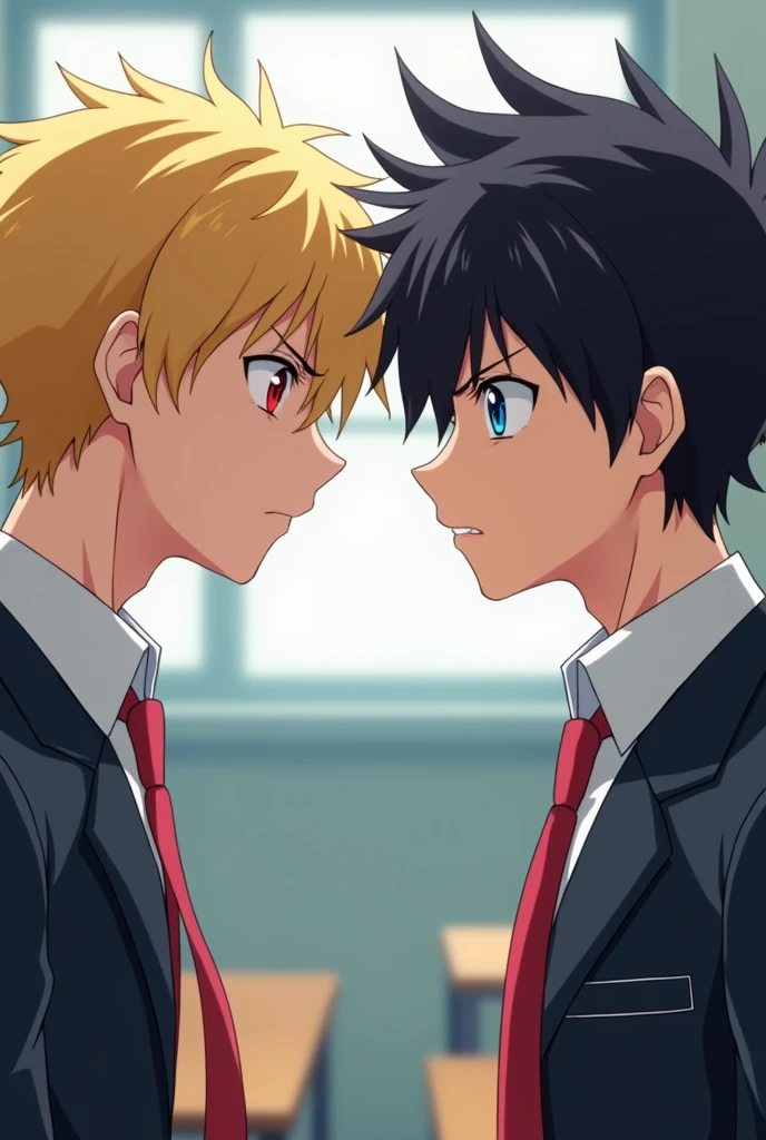 Two male characters, one is blonde with red eyes and the other has black hair with blue eyes. They both are with a school uniform and are facing each other with a angry face. Zoom in their faces, don't showing more than their shoulder. [Use a anime style but with realistic traits]