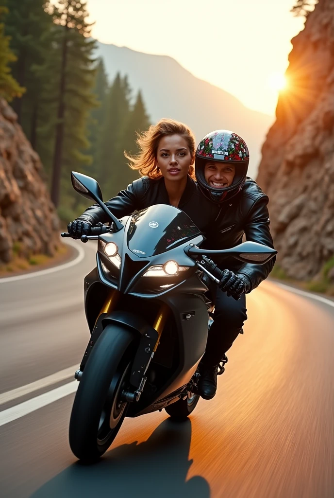 Couple named Orlando and Andrea on a sports motorcycle