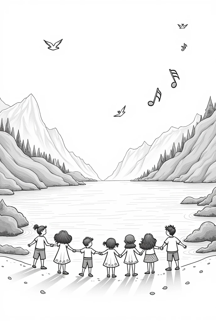 A black and white linear image of children forming a circle. In the background the sea, mountains and forests. Flying birds and musical notes.